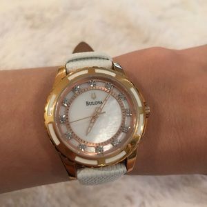 Bulova Rose Gold/White Leather Watch w/ Diamonds